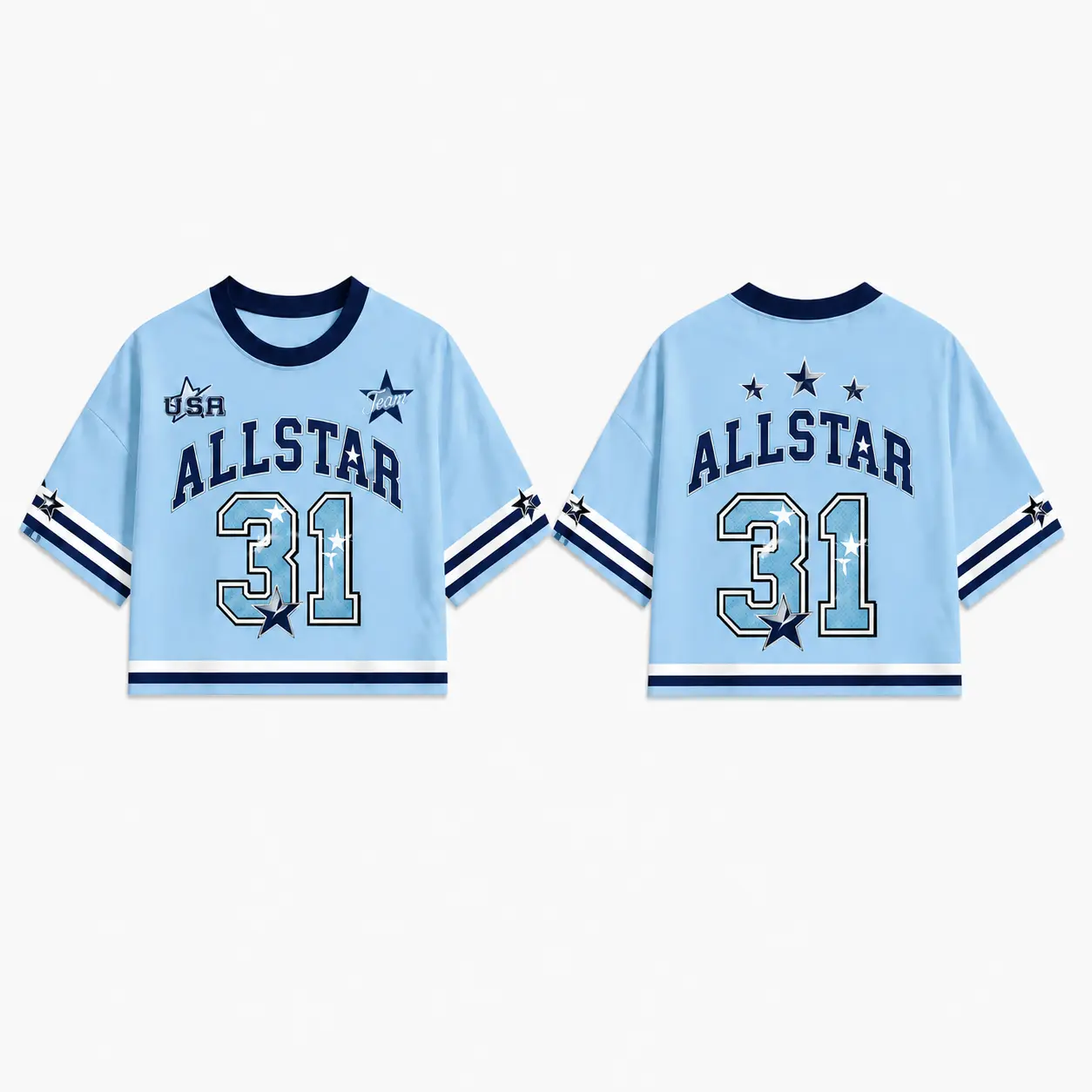 Women’s Cropped Varsity Jersey Shirt, All Star Cheer Graphic Sports Tee, Streetwear Top, Short Sleeve Oversized Athletic Shirt, Cute Number Print Crop Top for Concerts, Football Games, Dance Team, Summer Outfits