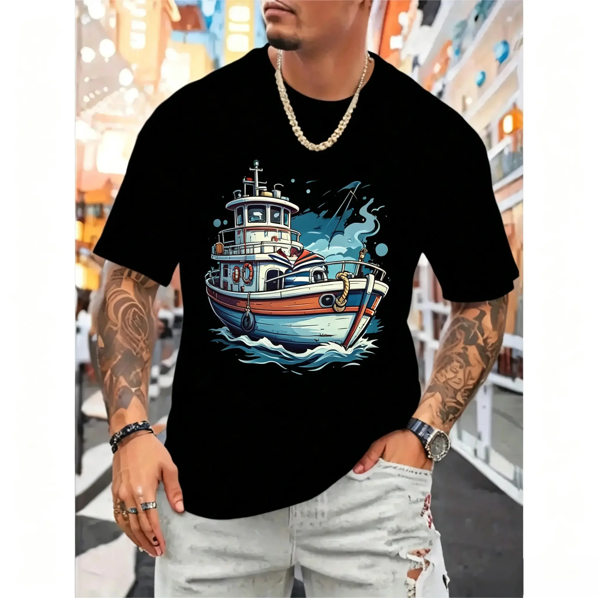 Men's Retro Tugboat Graphic Short-Sleeve Sports Casual Top - Smooth Round Neck, Soft Cotton Ribbed Knit Fabric, Classic Nautical Seamless Design, Double-Stitched Monaco Menswear, Shortsleeve, Shirt