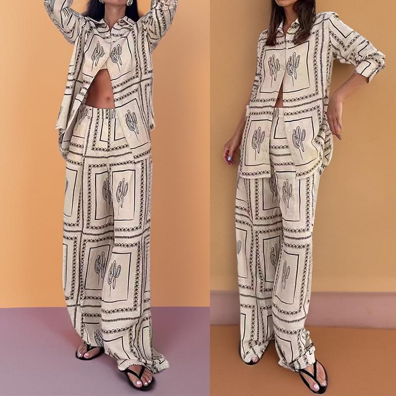 2026 European and American women's clothing, new spring models, casual printing long-sleeved shirt wide-leg pants fashion suit