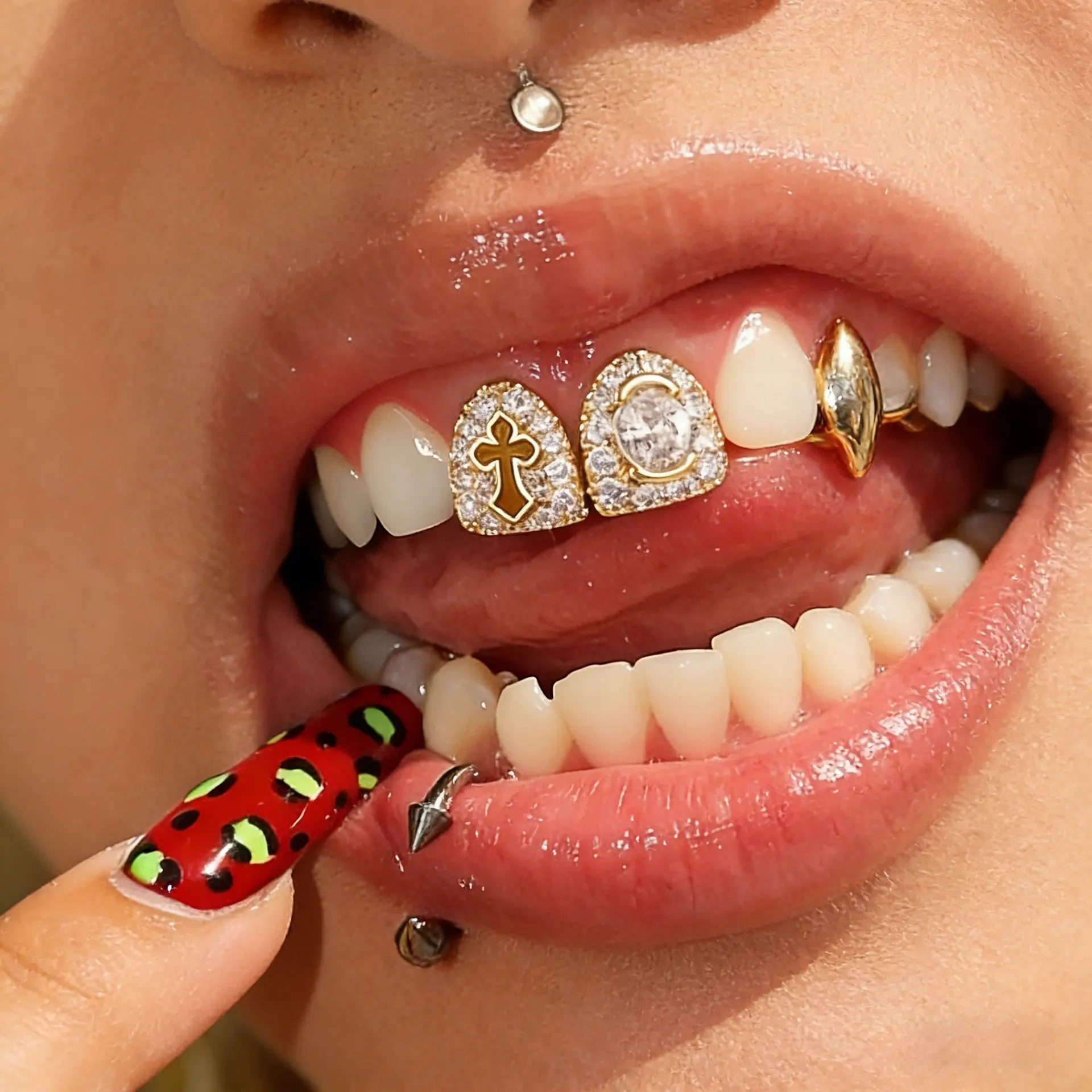 Double Grillz with hollow cross and oval zirconia, street style accessory for trendy men, rapper tooth jewelry
