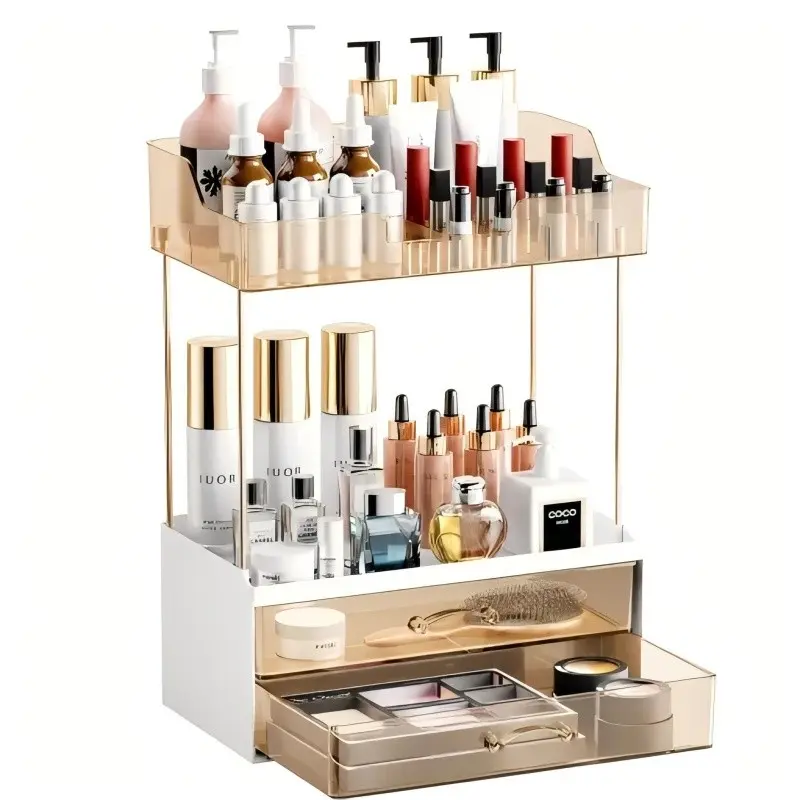 2-Drawer 2-Tier Acrylic Makeup & Bathroom Vanity Organizer, Cosmetic Storage, Clear, Dustproof, Wipe Clean, for Skincare, Perfumes, Lipsticks, Dresser, Counter