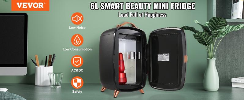 VEVOR Mini Fridge 6L Skincare Refrigerator with LED Light and HD Mirror, AC/DC Makeup Cooler for Skin Care Cosmetic Storage, Chill Face Mask Drink, Small Cooling for Bedroom Dorm Desktop, Black