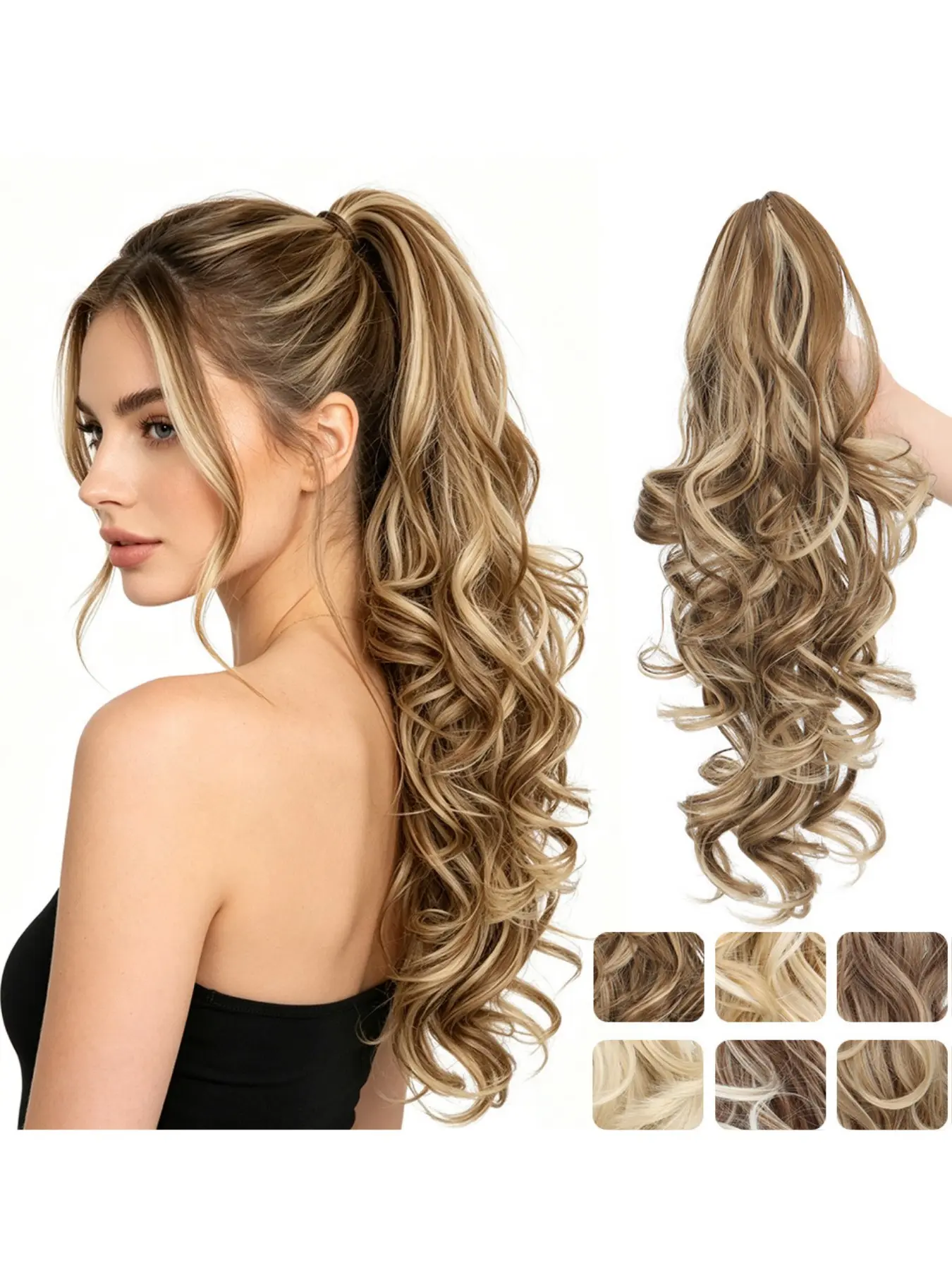 Women’s 16 Inch Medium Wavy Ponytail Hair Extensions, Heat Resistant Synthetic Hair, Natural Fluffy Wave Ponytail Hairpiece, Wavy Synthetic Hairpieces for Daily & Casual Styling