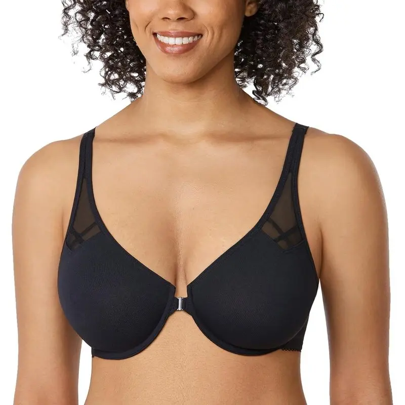 Women's Plus Size Solid Fitness Front Closure Racerback Sports Bra - Underwire, Full Coverage, Supportive, Plunge, No Padding, Unlined, Adjustable Straps, Breathable Polyamide Spandex, Hook & Loop
