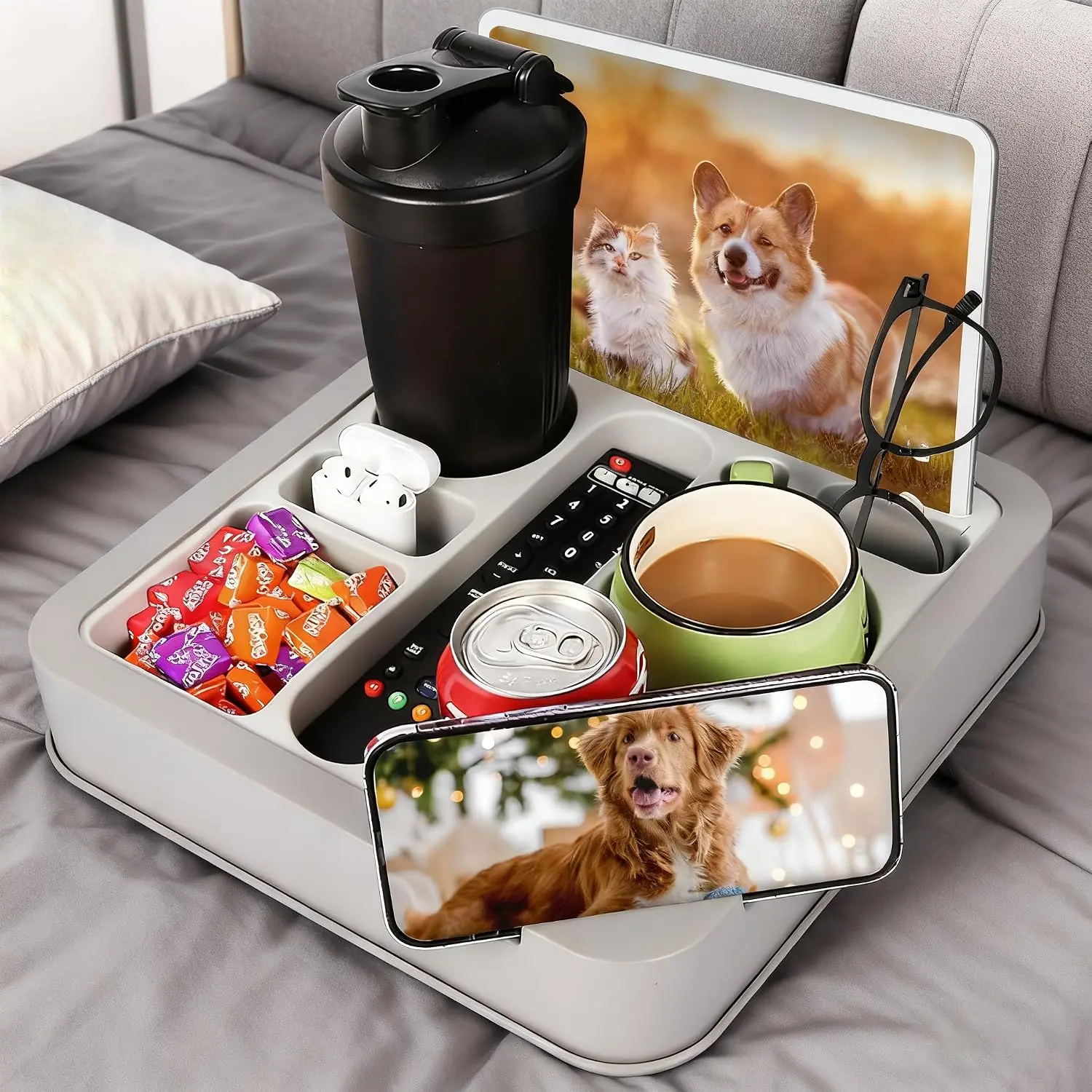 Couch Cup Holder Caddy for Remote Phone Tablet Beverage Snack Gray