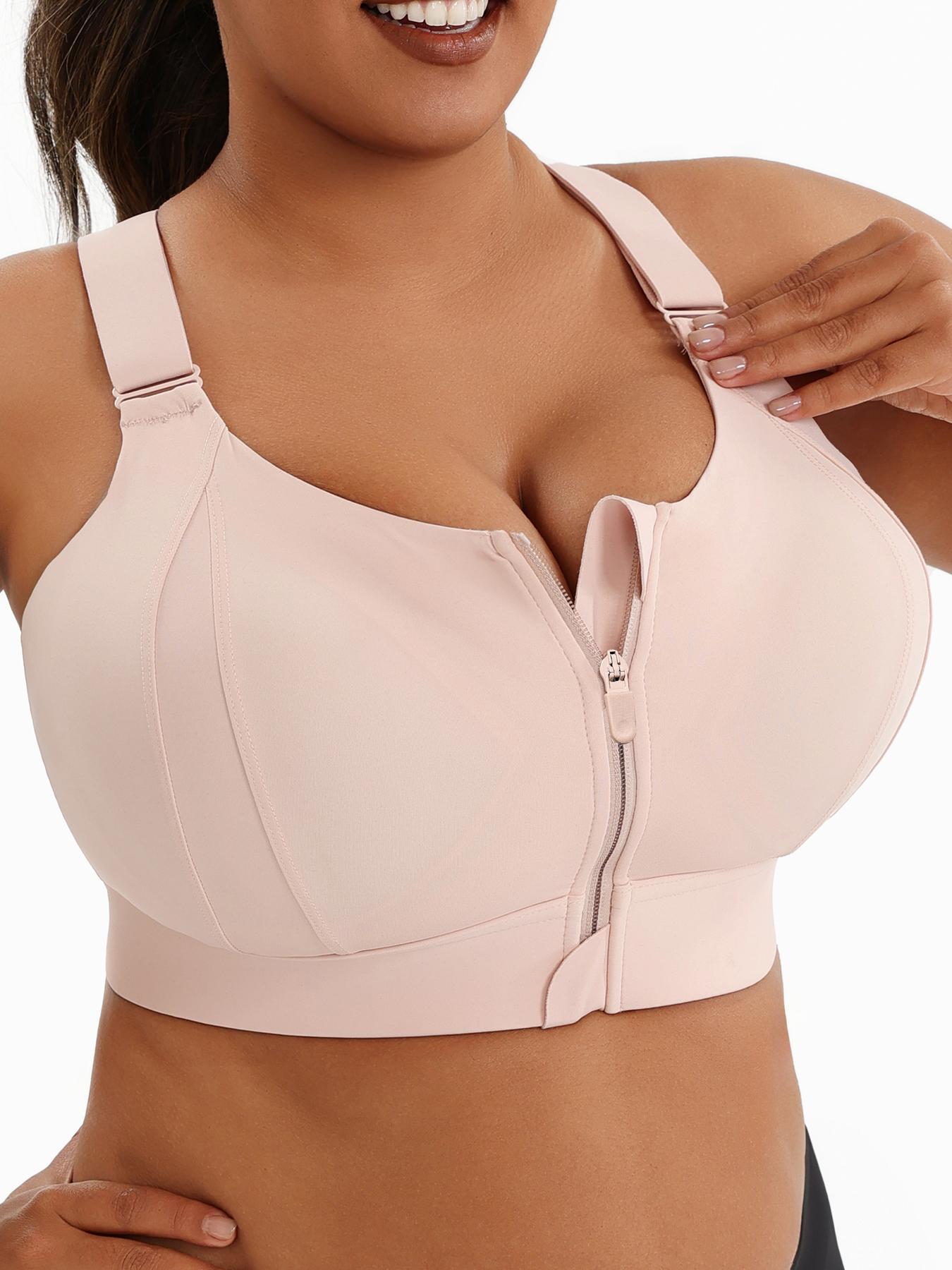 【Plus Size】 Criss Cross Zipper Front Wireless Sports Bra, Solid Adjustable Strap High Stretch Yoga Bra, Women's Sport Clothing for Indoor Outdoor Wear