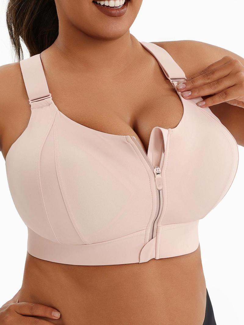 【Plus Size】 Criss Cross Zipper Front Wireless Sports Bra, Solid Adjustable Strap High Stretch Yoga Bra, Women's Sport Clothing for Indoor Outdoor Wear