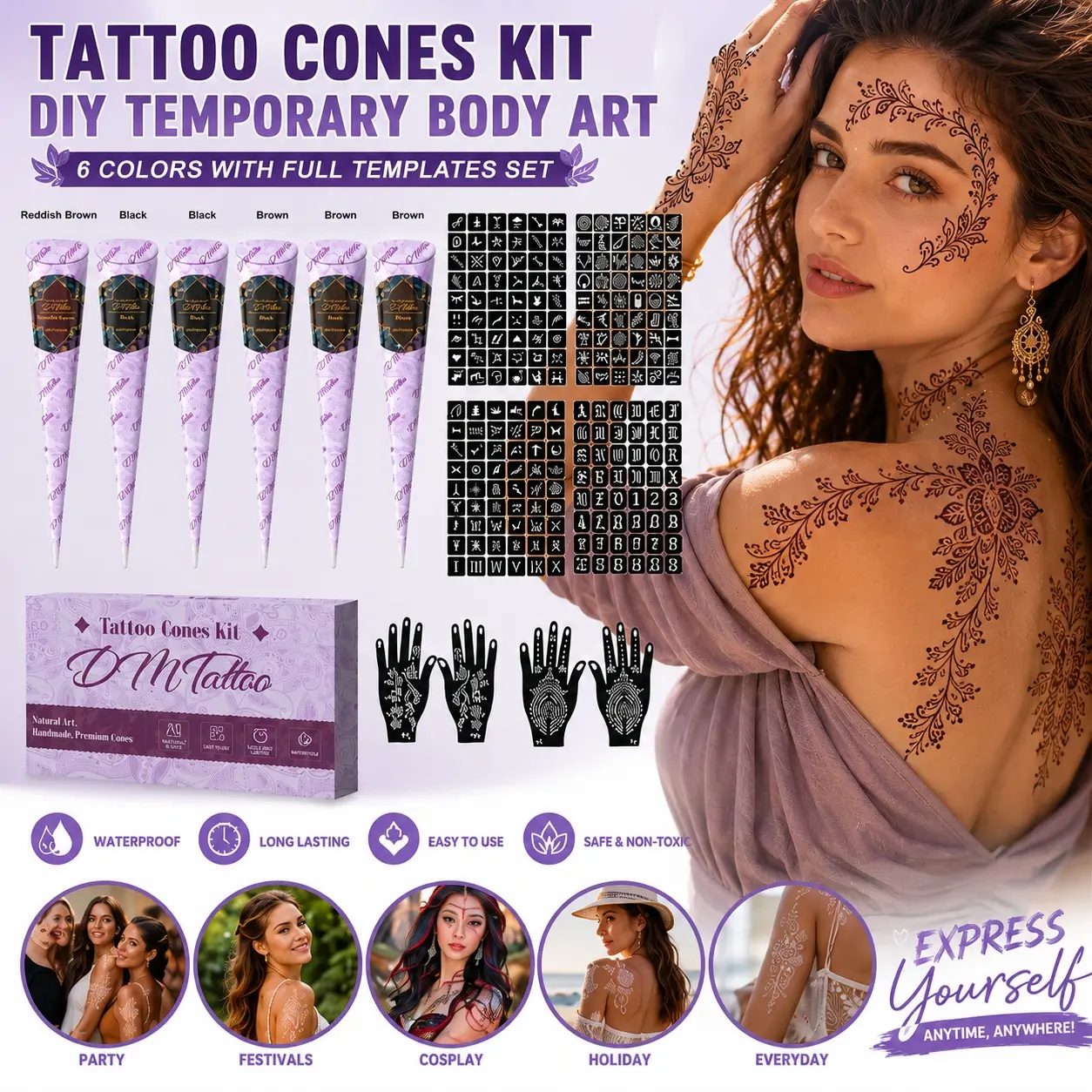 6-color temporary body paint with complete hollow stencils. Simple to use for hand painting. Waterproof tattoos, Body Makeup, for full body art. Ideal accessory for men and women in parties & festivals.