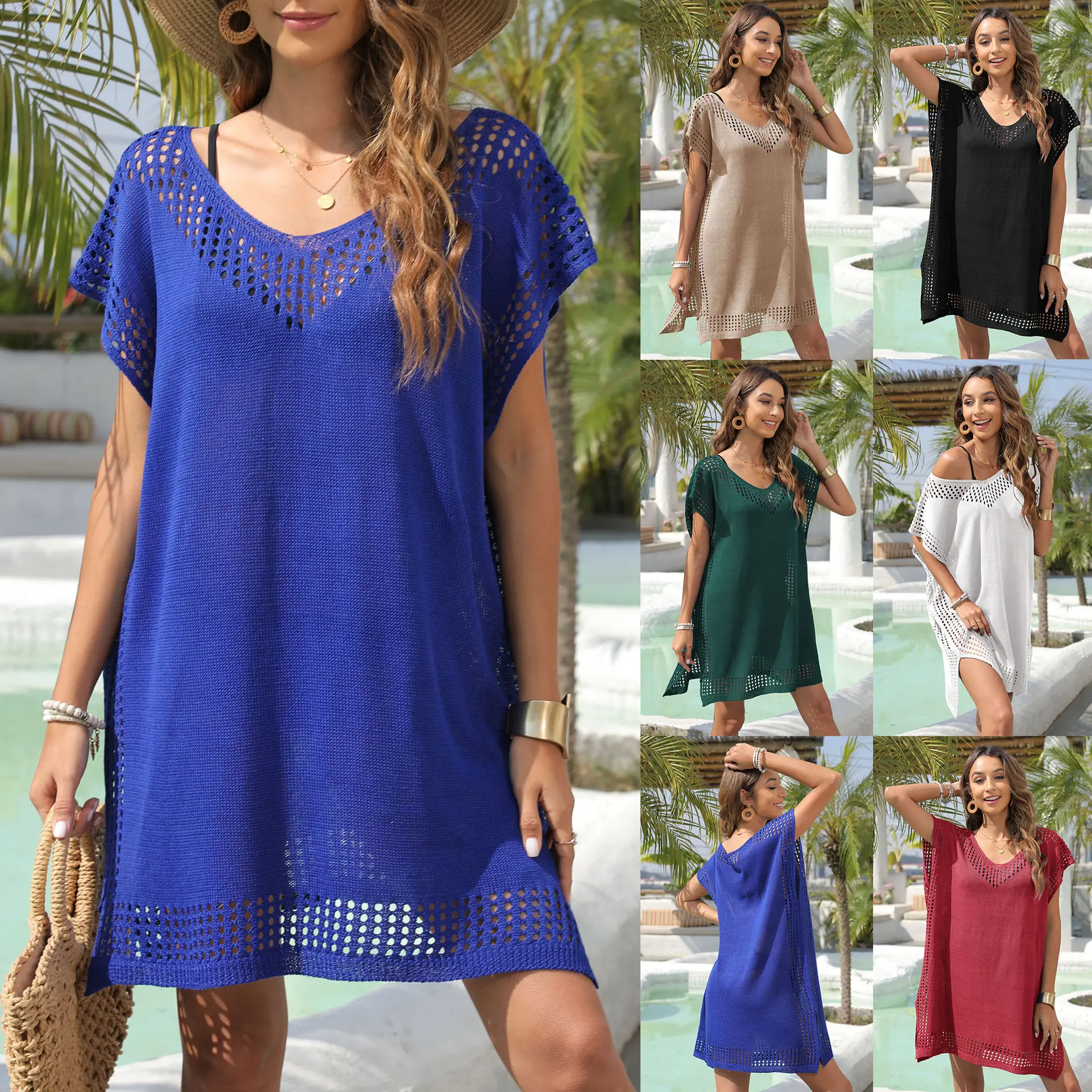 YesFashion  Women V Neck Hollow Out Cover Up Dress, Beach Kaftan Swimwear Bikini Coverup, Loose Fit Sheer Mesh Summer Resort Dress, Vacation Beachwear Tunic, Plus Size Friendly