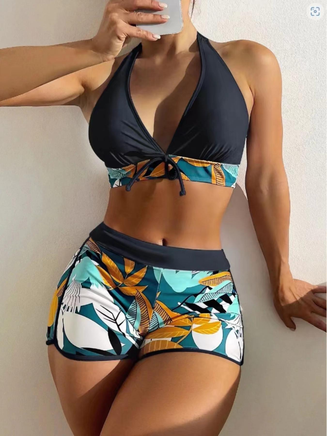 Two-Piece Set Women's Tropical Print Tie Front Halter Tankini Set, Casual Sleeveless Swim Top & Swim Shorts for Summer Beach Holiday Vacation, Summer Outfits 2024, Tankini Bathing Suits