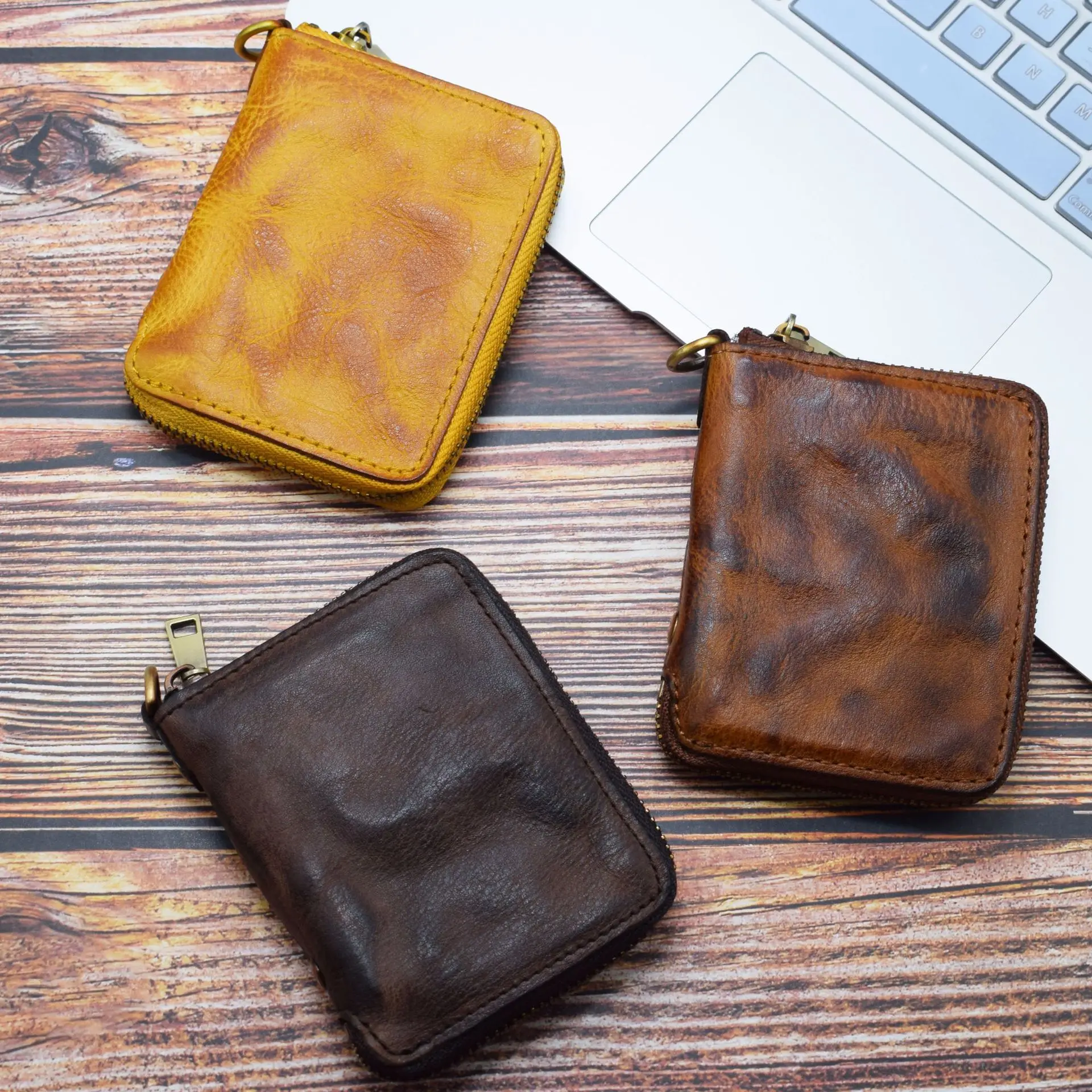 Men's Retro Short Zipper Wallet Multi-Functional Vegetable Tanned Leather Wallet Vertical Coin Purse