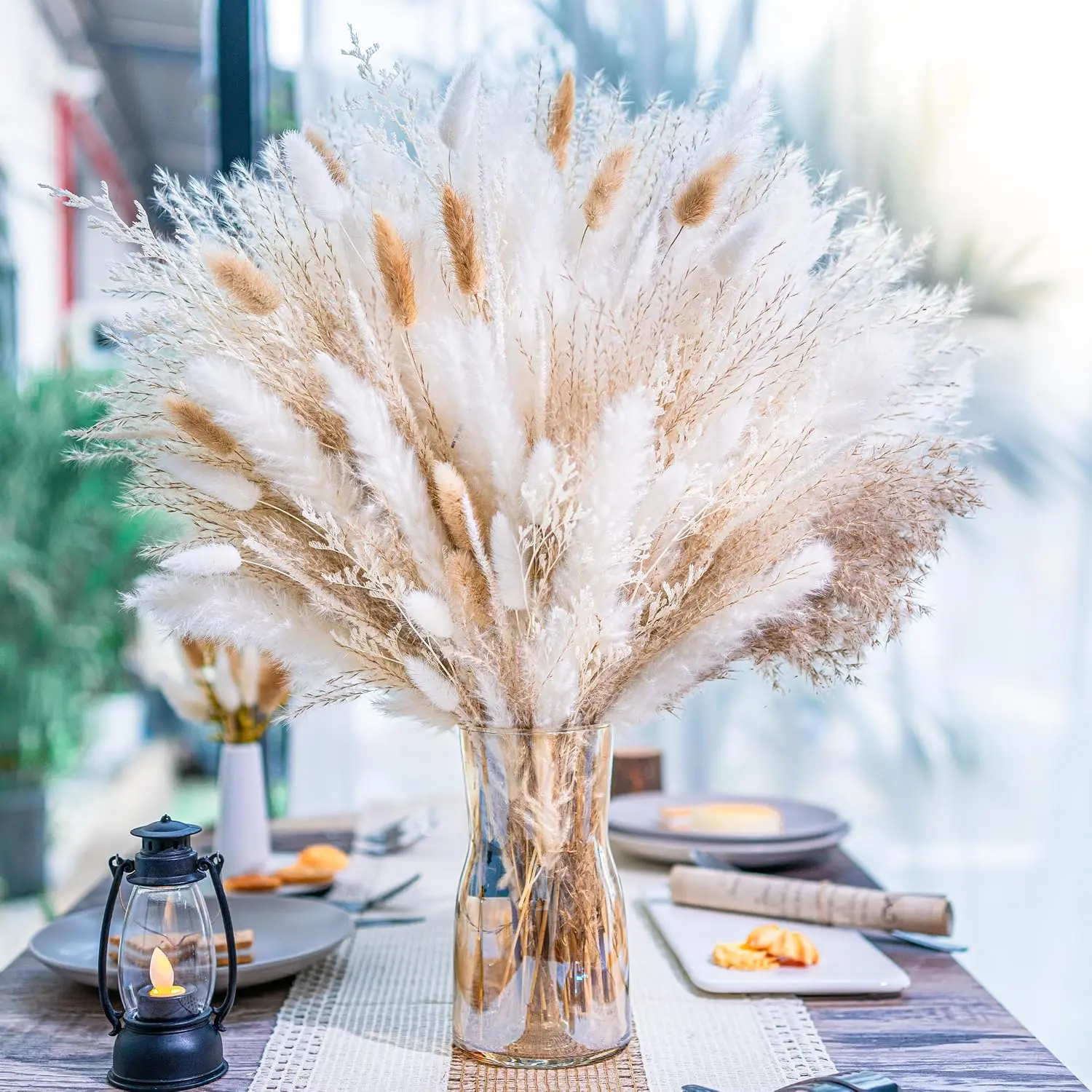 95 count  Pampas Grass Decor Bouquet | Boho Dried Floral Arrangement Centerpiece Table Decor Wedding Decor Rustic Decor, , white, beige (Fdm-b-01)
