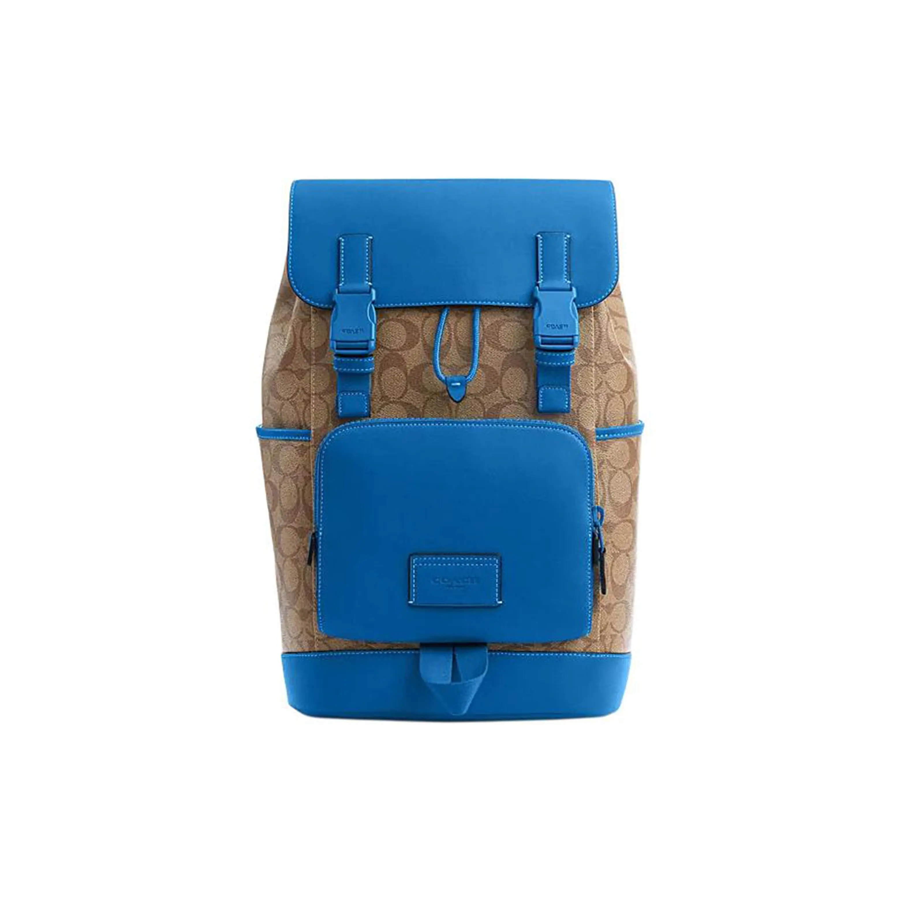 COACH Track 27 Textured Monogram Backpack – Large Capacity, Drawstring Closure, Men’s Khaki and Bright Blue Leather
