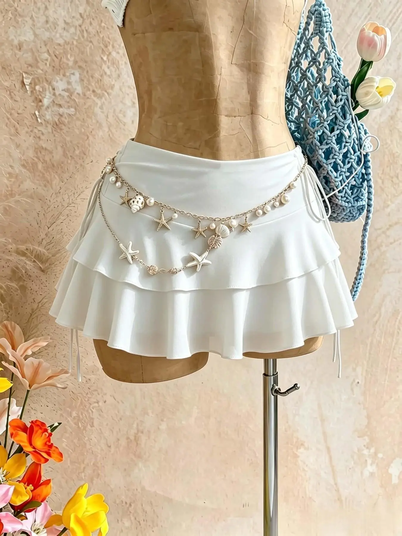 Women's High-Waisted Mini Skirt, Adjustable Drawstring Waist, Ruffled Hem, Lightweight Fabric, Casual & Beachwear