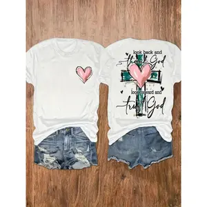 Women's Christian Short-Sleeve Crew Neck Cotton T-Shirt - Thank God Trust God Faith Quote Graphic, Pink Heart Cross Print Fabric Top, Customized Option for Human Wear (Bottoms Not Included)