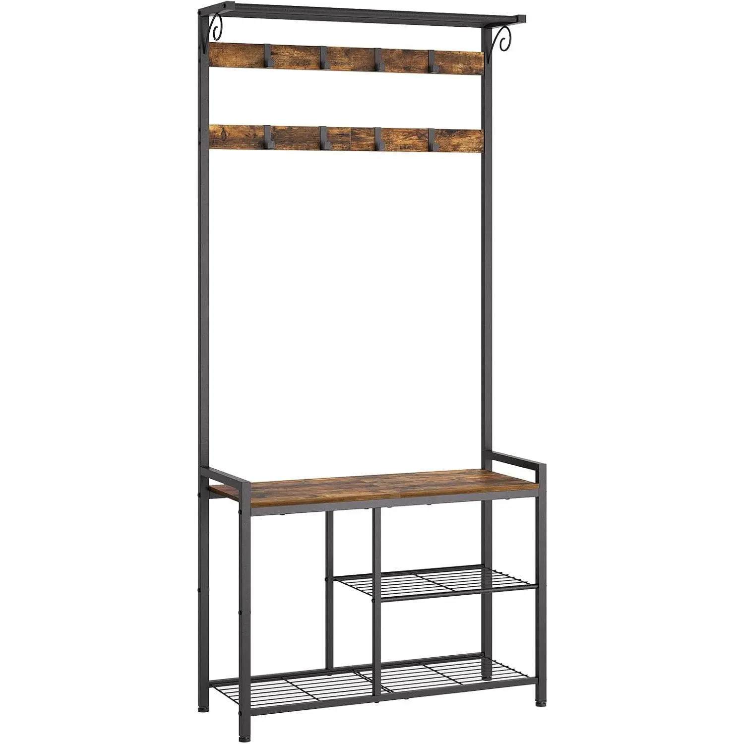 Coat Rack Shoe Bench, 4-in-1 Hall Tree with Storage Shelves and  Rod, Entryway Storage Organizer with 8 Movable Hooks, for Entryway, Hallway, Corridor, Rustic Brown and Black MT12BR