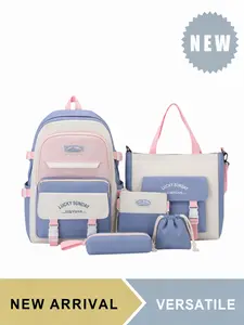 4Pcs Kawaii Colorblock Youth Backpack Set for Teen Girls Students, Casual School Bookbag Kit with Tote Bag, Pencil Case & Small Pouch, Large Capacity Daypack for Hiking Trekking Travel Commute Daily Use, Adjustable Straps, Multiple Colors Available