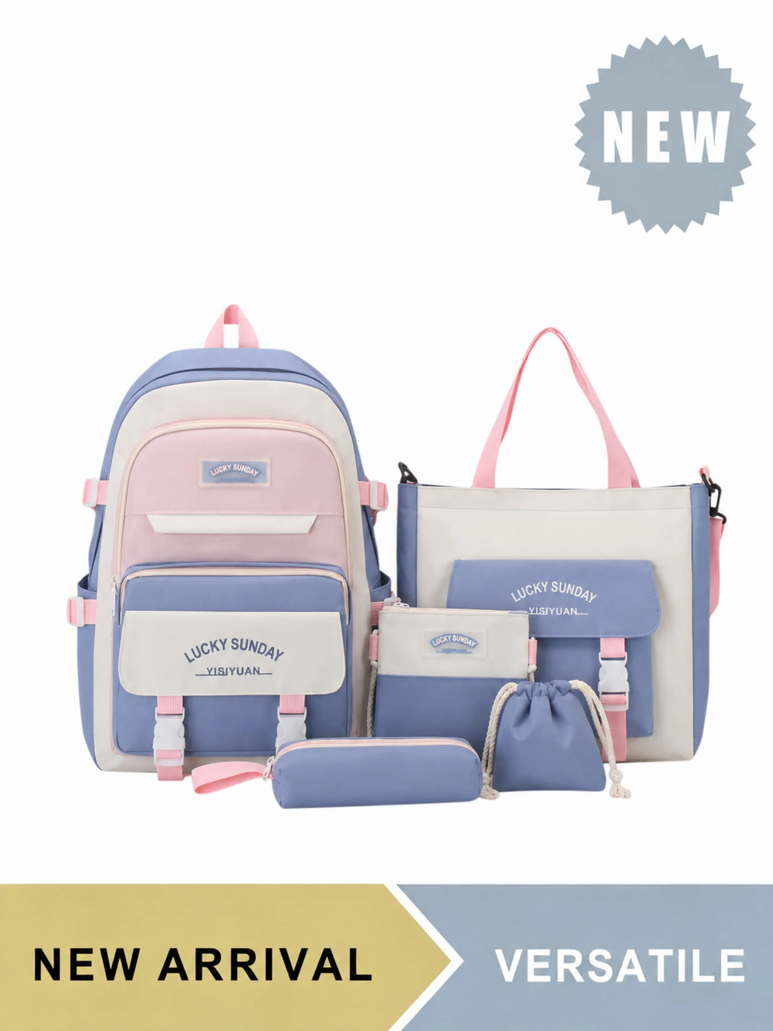 4Pcs Kawaii Colorblock Youth Backpack Set for Teen Girls Students, Casual School Bookbag Kit with Tote Bag, Pencil Case & Small Pouch, Large Capacity Daypack for Hiking Trekking Travel Commute Daily Use, Adjustable Straps, Multiple Colors Available