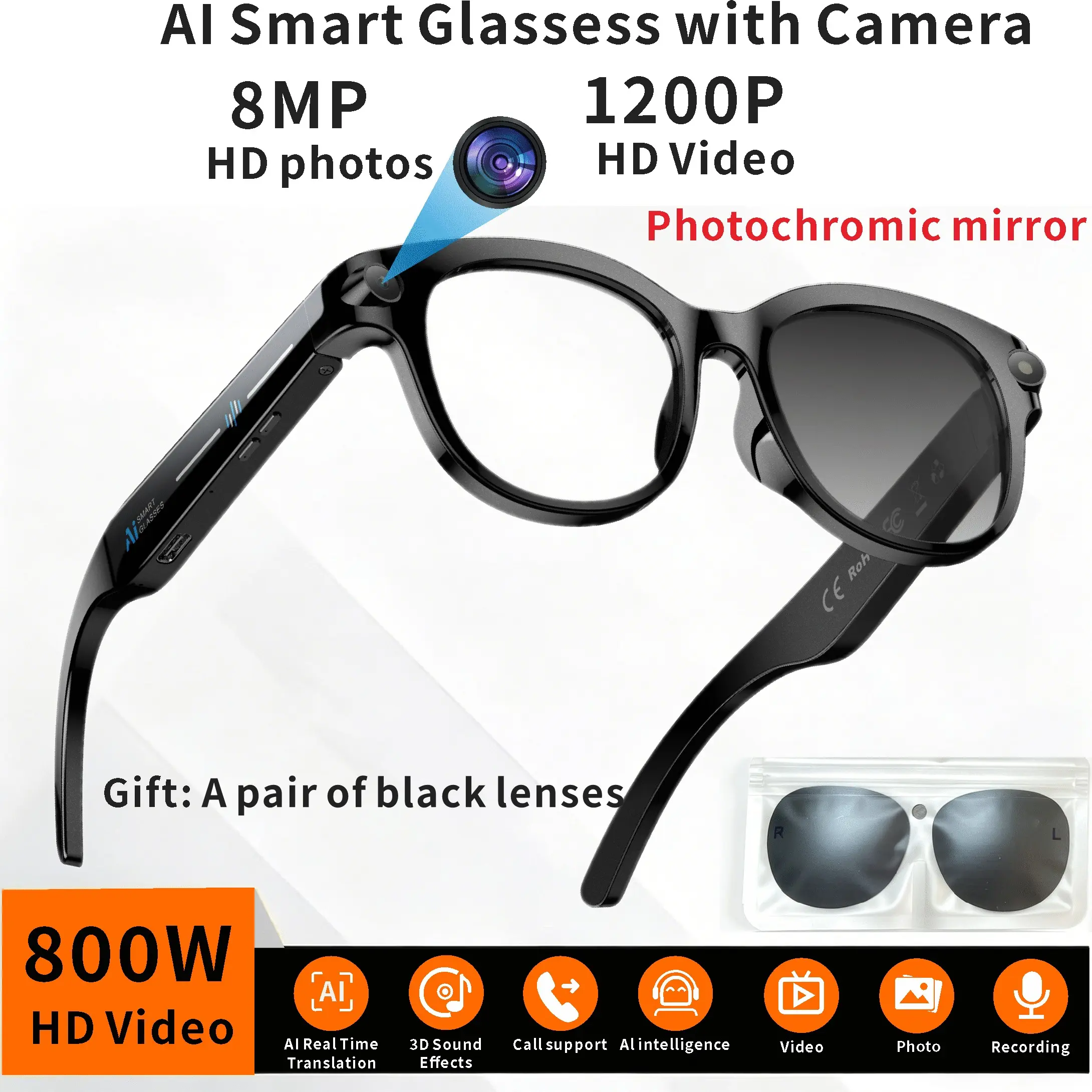 SENBONO Multifunctional Smart Glasses with Ai Assistant, HD Recording, Bluetooth-compatible Music Calling, Dual Mic Noise Reduction, LED Flashlight, 8mp Camera