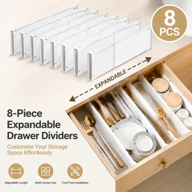 8 Pack Expandable Drawer Dividers, Adjustable Utensil Drawer Organizer Separators, Tool-Free Install Storage Inserts for Kitchen, Bedroom & Bathroom Drawers