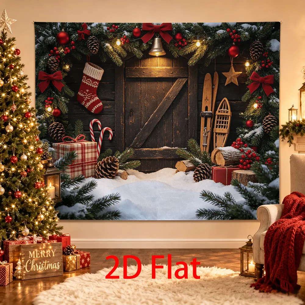Rustic Christmas Barn Backdrop, Dark Wood Photography Background with Skis, Snowshoe, Knit Stocking, Candy Canes, Gifts and Snow