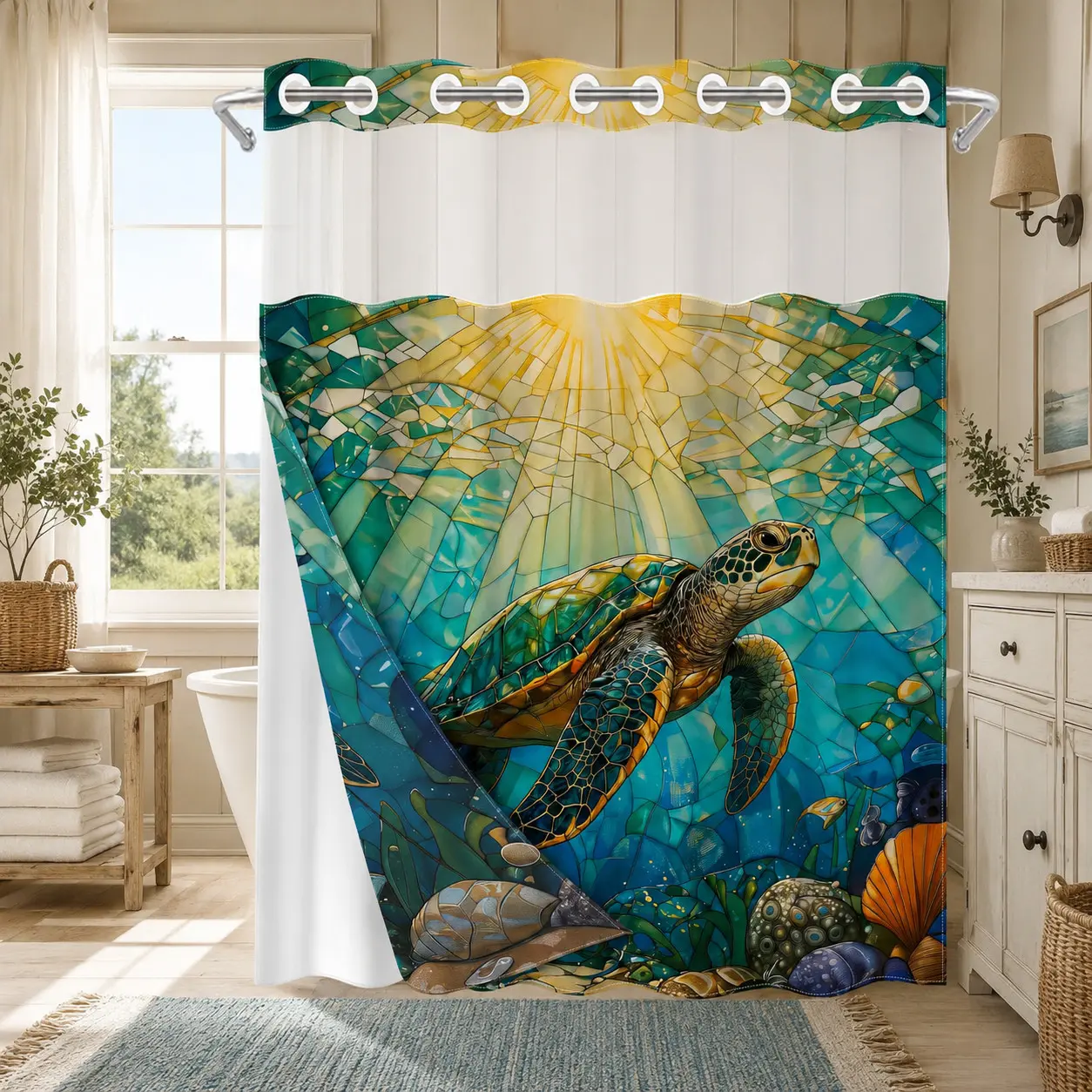 1PC Double Layer Shower Curtain, Decorative Shower Curtain, Hookless With Snap In Liner, Stained Glass Sea Turtle Print Waterproof Fabric, Ocean Bathroom Decor, Detachable Buckle and Liner, Bathroom Room Divider