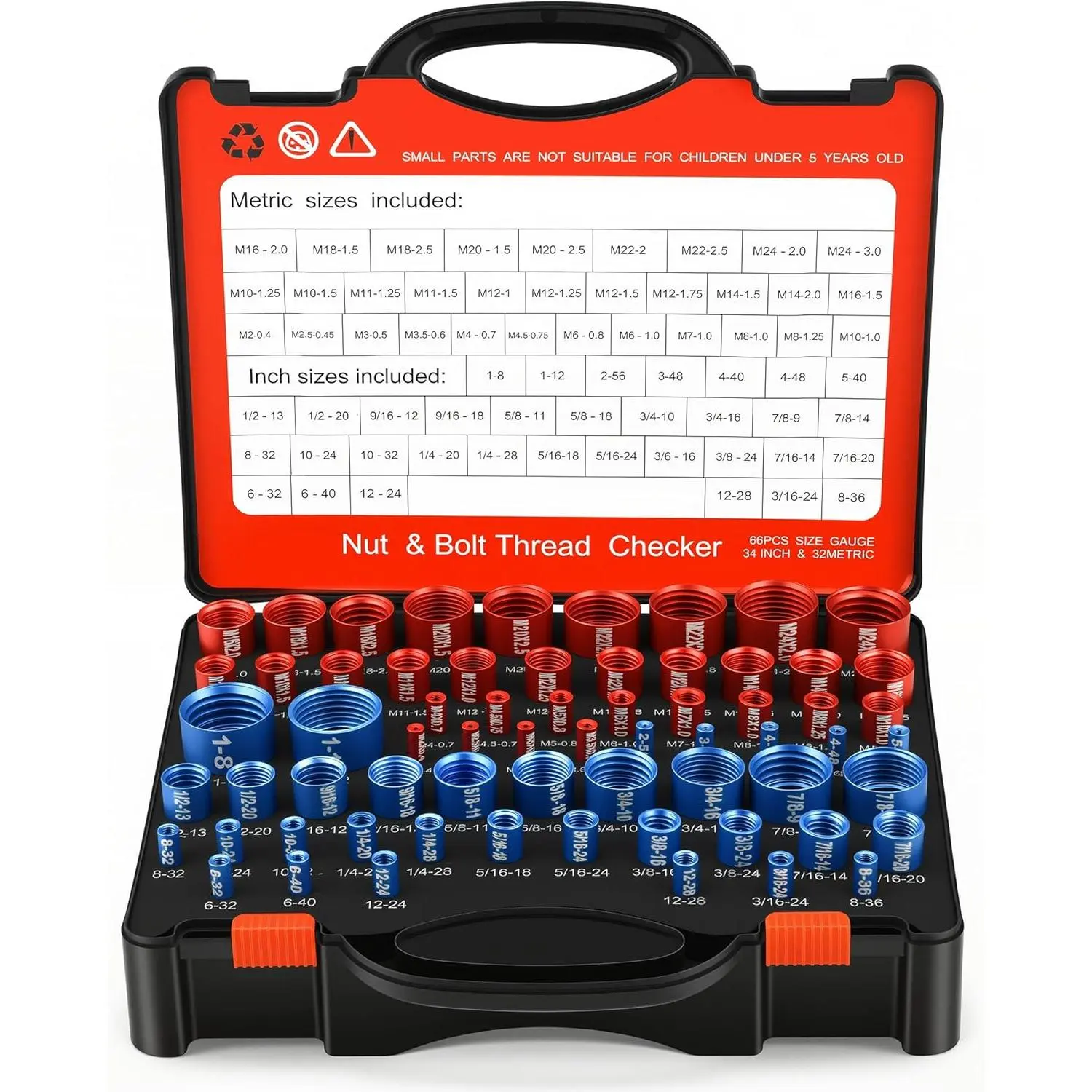 66 count Nut and Bolt Thread Checker - 34 Standard & 32 Metric, Detachable Bolt Size Finder Tool, Screw and Nut Identifier Thread Gauge Especially for Tight Spaces