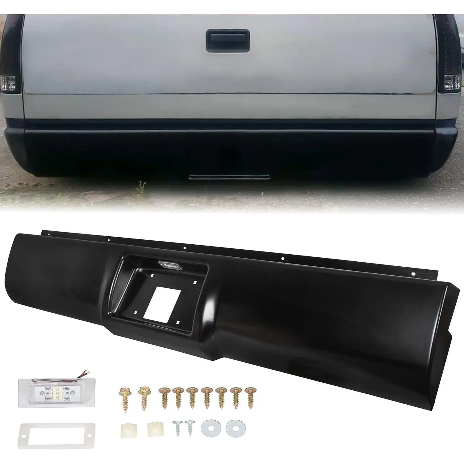 KQQIO Rear Roll Pan Bumper Compatible with 1988-1998 Chevy Chevrolet GMC C1500 C2500 C3500 K1500 K2500 K3500 for Fleetside/Styleside w/Light & Box Hardware Included