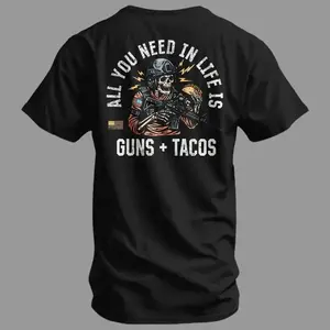 All You Need In Life Is Guns And Tacos Funny Tactical T-Shirt for Men Military Humor Graphic Tee Operator Skull Tactical Streetwear Apparel Combat Style Shirt Gift for Tactical Fans