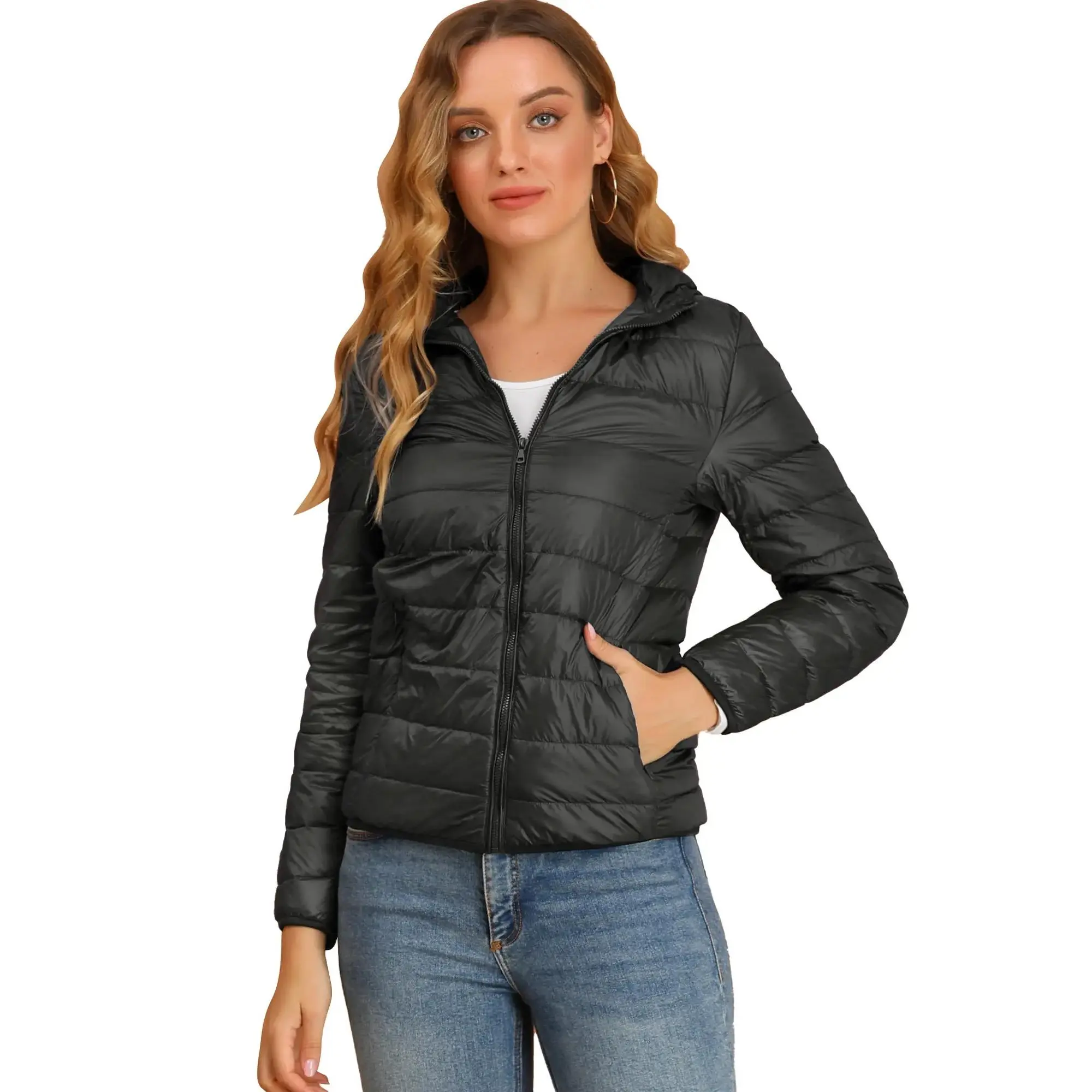 Puffer Coat Winter Long Sleeve Zip Up Hooded Lightweight Packable Down Jacket