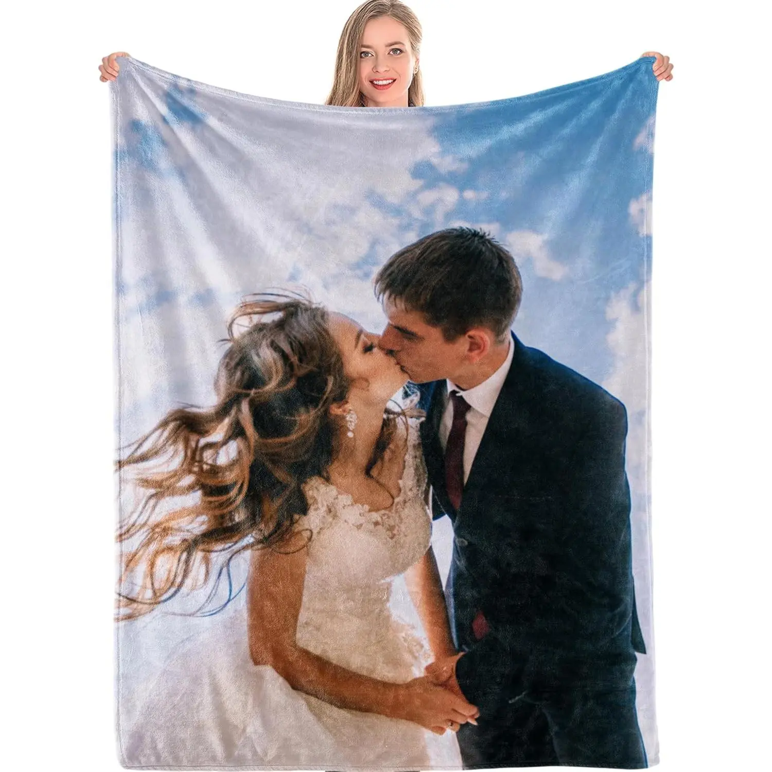 Custom Full Photo Wedding Flannel Blanket, Single Picture Personalized Bride Groom Soft Throw, Cozy Warm Romantic Newlywed Gift for Her Him, Marriage Anniversary Home Decor for Couch Sofa Bed, AC Room Summer Blanket, Keepsake Gift