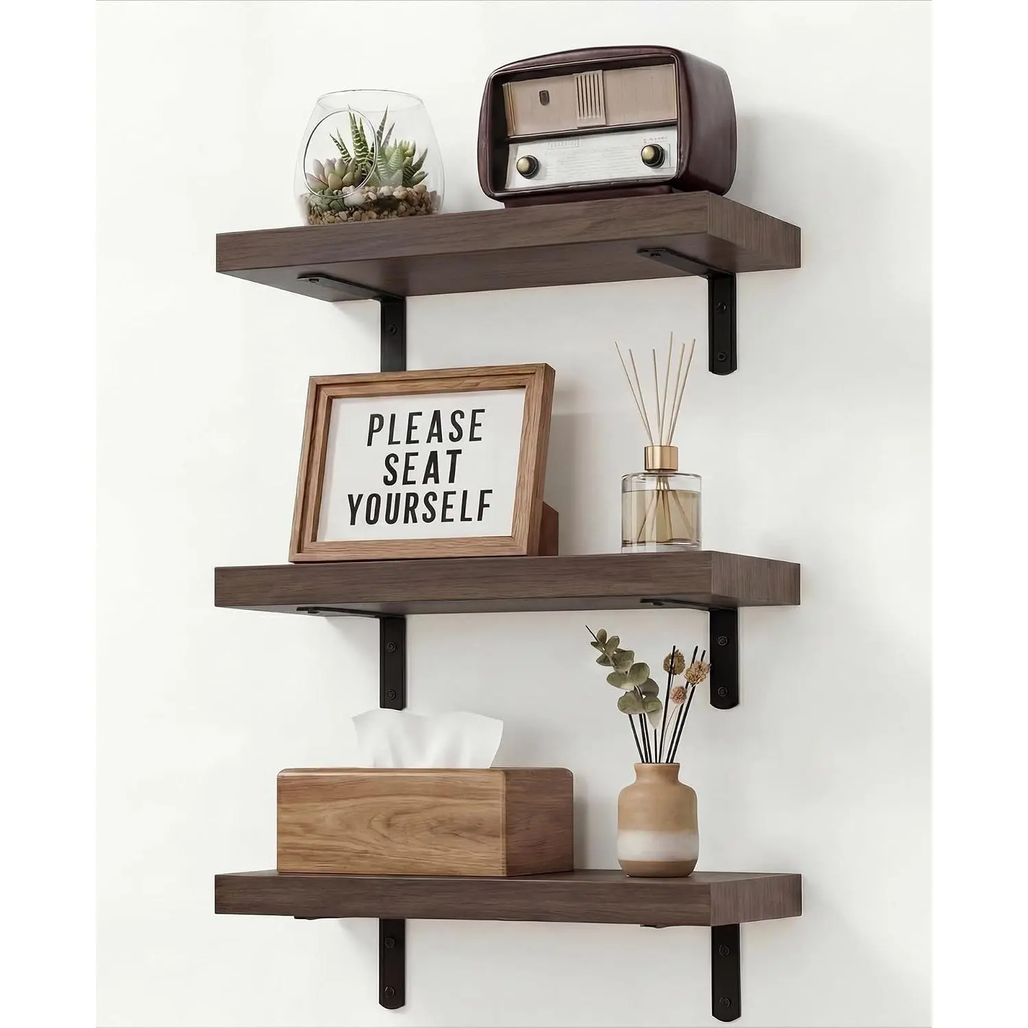 Easy Install Floating Shelves, 15.7 Inch Wall Mounted Wood Shelf,Hanging Shelf for Home Decor, Books and Storage, Small Organizer for Bedroom, Bathroom, Kitchen, Set of 3, Vintage Brown