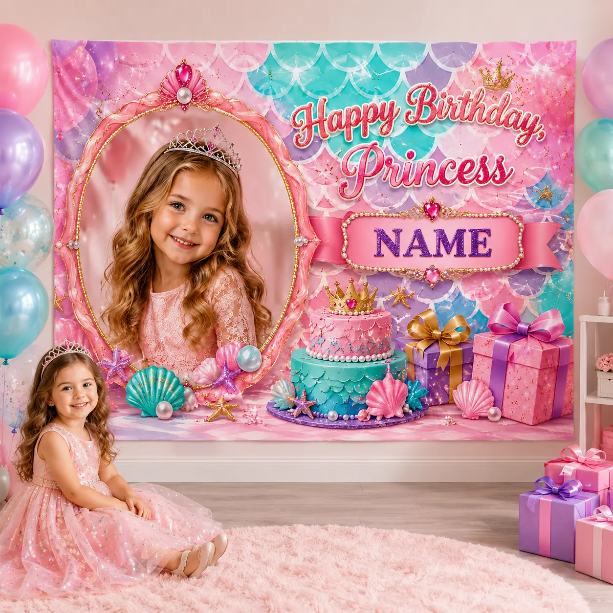 Personalized Mermaid Princess Birthday Backdrop – Custom Photo & Name Pink Aqua Party Decor