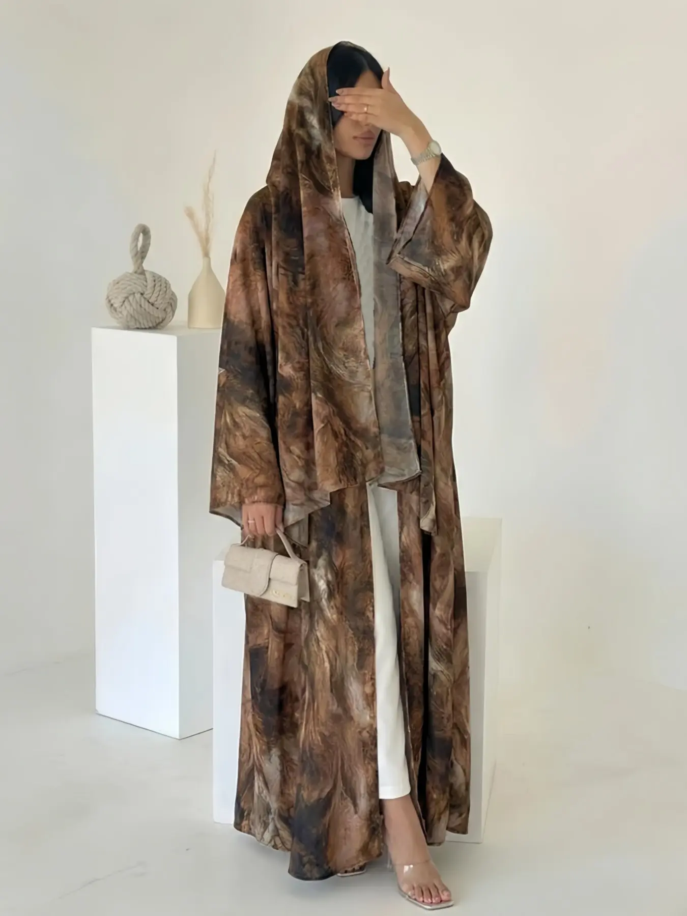 Two-Piece Set Hijab + Open Abaya, Dubai Islamic Muslim Moderate Watercolor Cardigan Headscarf, Suitable for Women's Daily Wear