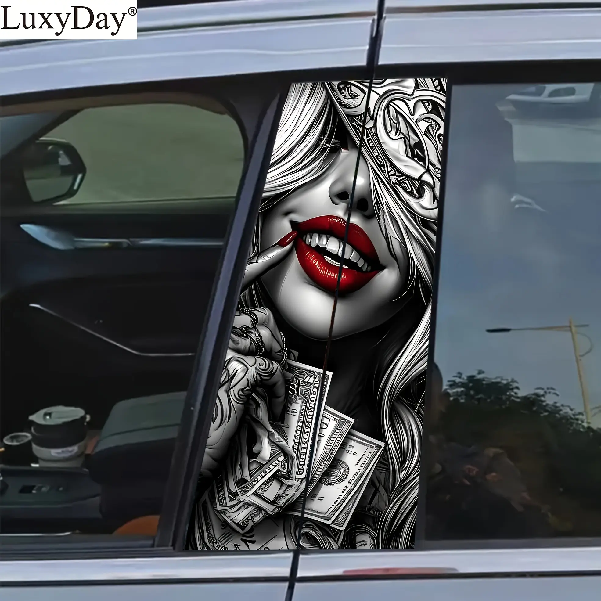 Two Red-lipped Girl Car Decals, Matte Vinyl Material, Easy to Apply, Leaves No Residue, Scratch-resistant and Waterproof, Self-adhesive, Single-use, Luxurious Design, Suitable for Plastic Surfaces
