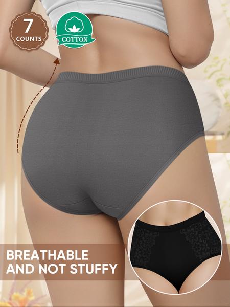 7 Pack Cotton Women's High Waist Briefs with Lace Trim, Soft Breathable Shaping Underwear for All Seasons, Comfortable Fitted Women's Panties