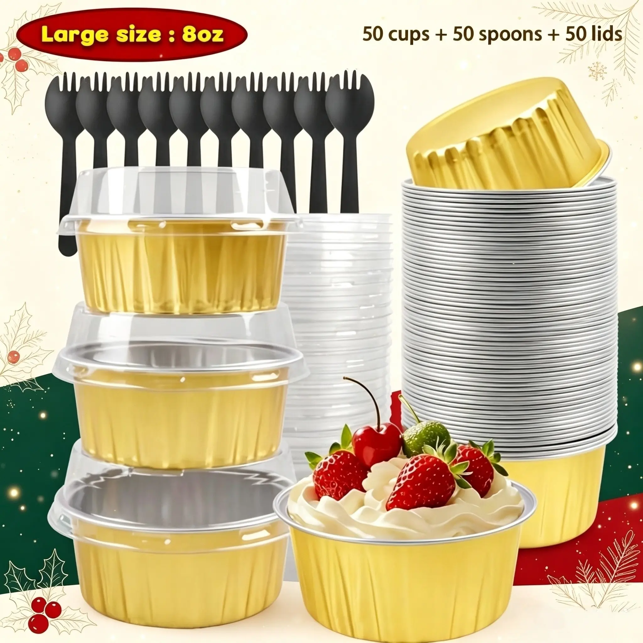 50 Pack Multi-Color Round 5oz/8oz Aluminum Foil Baking Cups with Lids & Spoons, 2 Sizes Available Disposable Mini Ramekins, Oven-Safe for Creme Brulee, Cake, Brownie & Desserts, Ideal for Home, Vendor Sales, Christmas & Holiday Parties, Baking Supplies