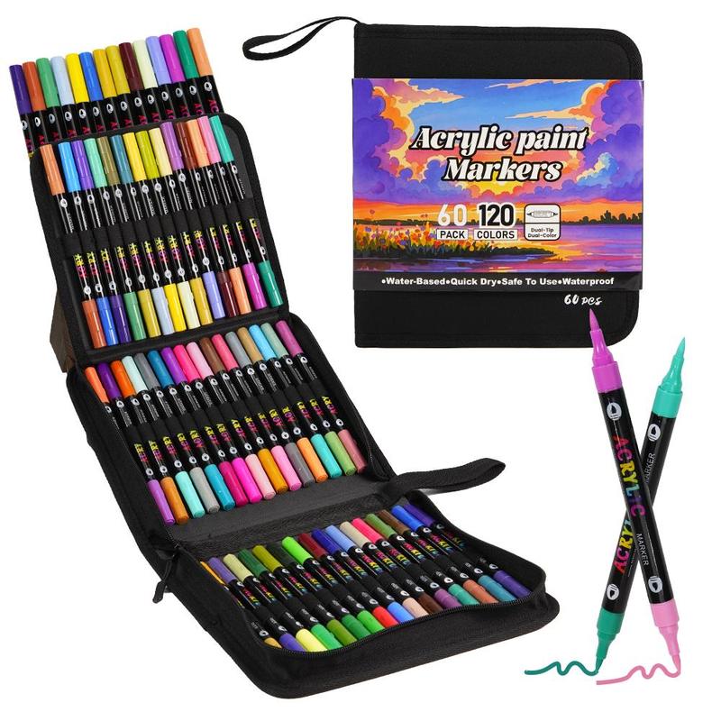 120-Color Acrylic Paint Marker Set, 60pcs Acrylic Paint Marker Pens with 2 Brush Heads, Creative Coloring Markers for Rock, Wood, Canvas, Stone and Fabric, Art Supplies, Art Materials