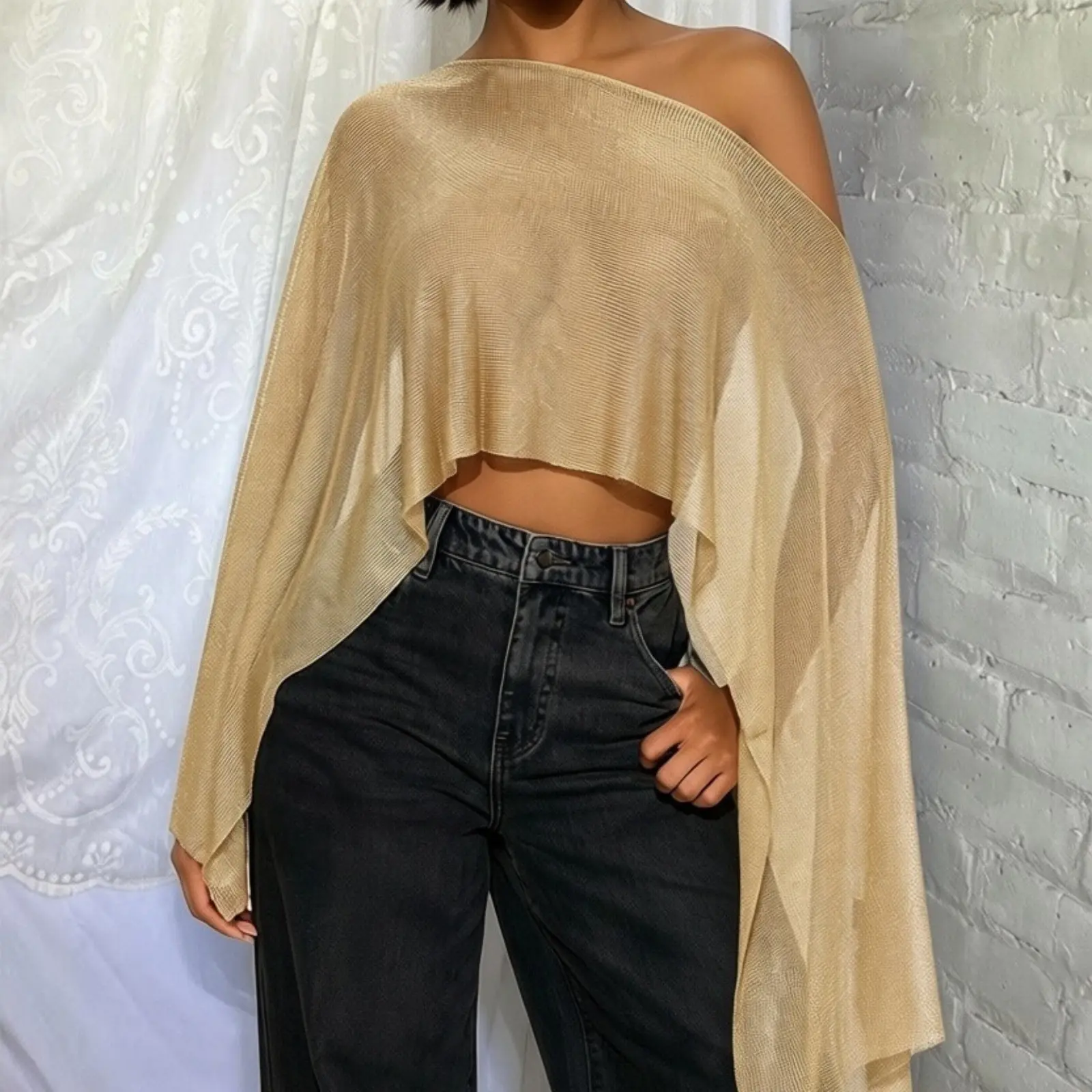 y2k Women Poncho Tops Fashion Solid Color Off One Shoulder See Through Loose Fit Cover Up Blouses