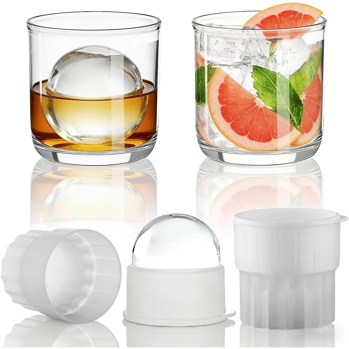 Glasses Set of 4 (2  Glasses, 2 Big Ice Ball Molds) 11.5 oz   Clear Plastic Old Fashioned Glasses for   Cognac   Cold Drink, Gifts for Men