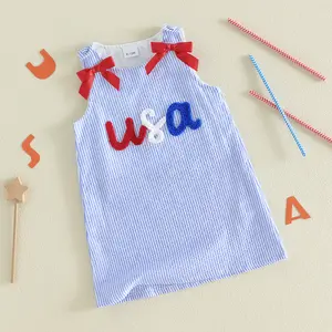 Patriotic 12M-5T Sleeveless Dress Bow Straps USA Chenille Embroidery Striped A-Line Lined Seersucker Cotton Polyester Blend Summer Smoked Baby Girls Clothing