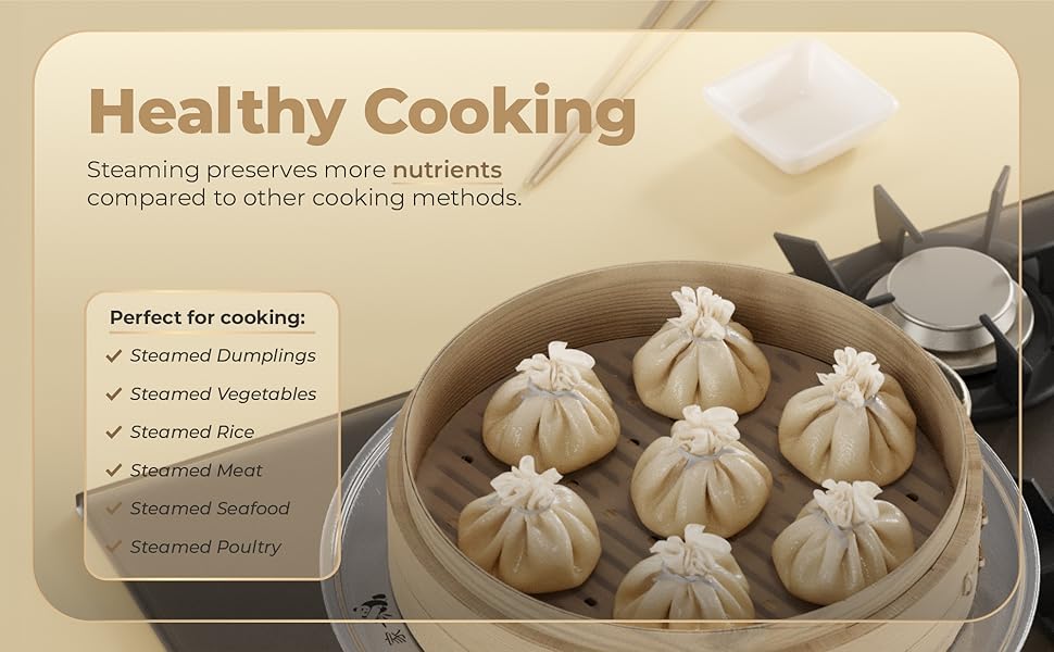 Bamboo Steamer Basket 10-Inch |   2-Tier Steamer for Cooking |   50 Liners, Chopsticks, Sauce Dish |   Steaming Asian Food, Bao Buns, Chinese, Dim Sum, Dumpling, Rice, Vegetable Steam Pot