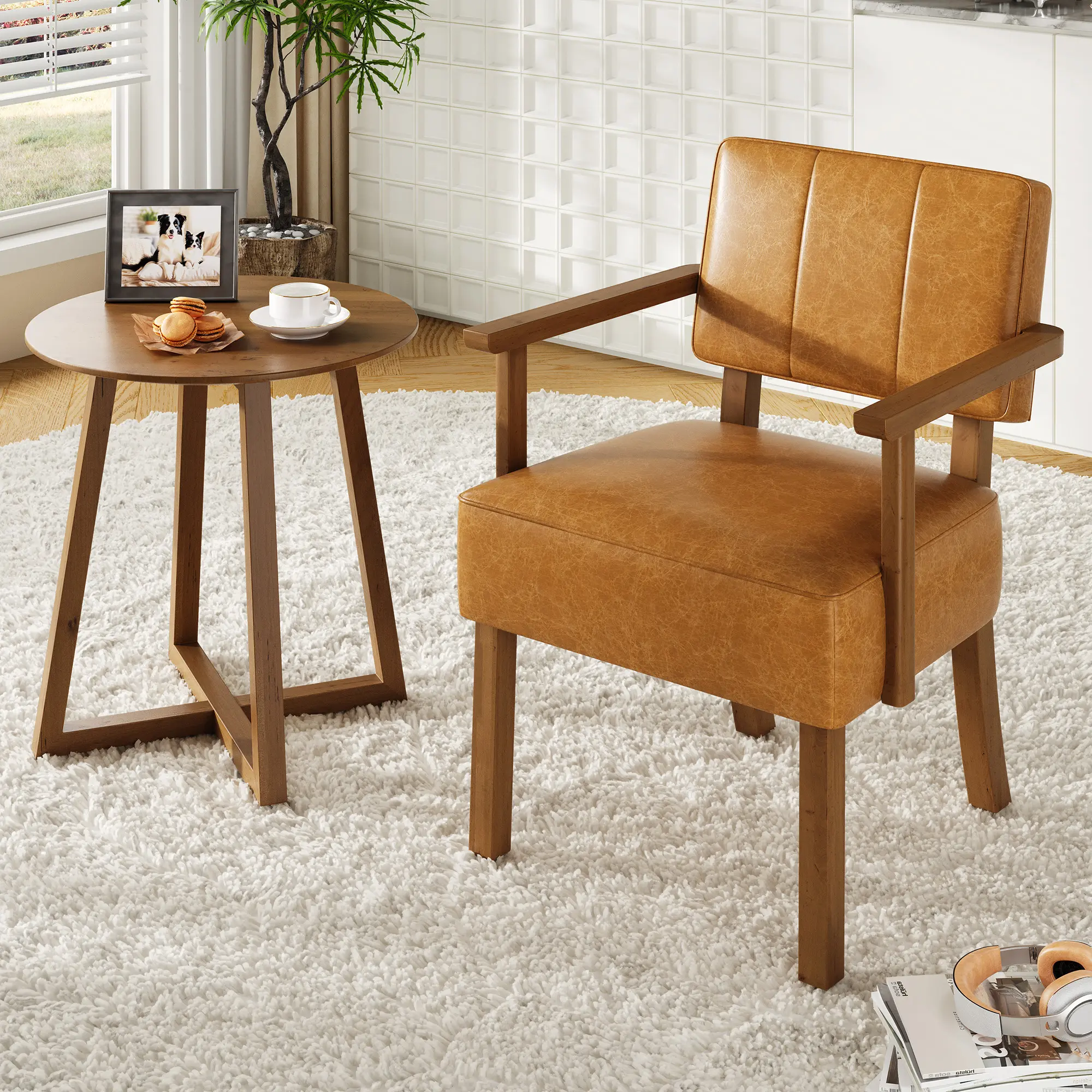 Mid-Century Modern PU Leather Dining Armchair - Classic Contemporary Dining Chair with Solid Wood Frame, Fluted Vertical Stripe Backrest, Button Tufting, Compact Accent Chair for Living Room, Bedroom (Brown & Black)