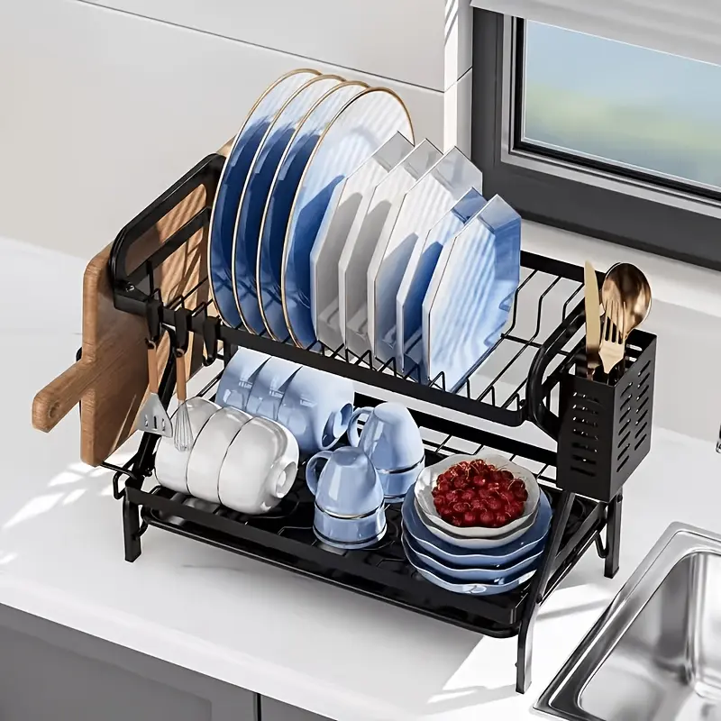 1pc Large Kitchen Double Layer Storage Rack, Fast Drainage, Multi-Layer Storage, with Knife And Fork Holder, Cutting Board Holder, No Wet Countertop - Multi-Functional Cutlery Rack, Suitable for Bowls, Plates, And Cutlery, Etc, Standing Shelf