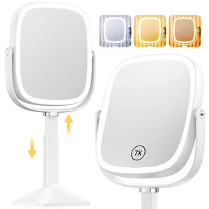 Rectangle Lighted Makeup Mirror with Lights and 1X/7X Magnifying Mirror, Height Adjustable and 4000mAh Rechargeable for Bedroom, 8.5”x7.4” Large Surface, Stepless Dimming - White