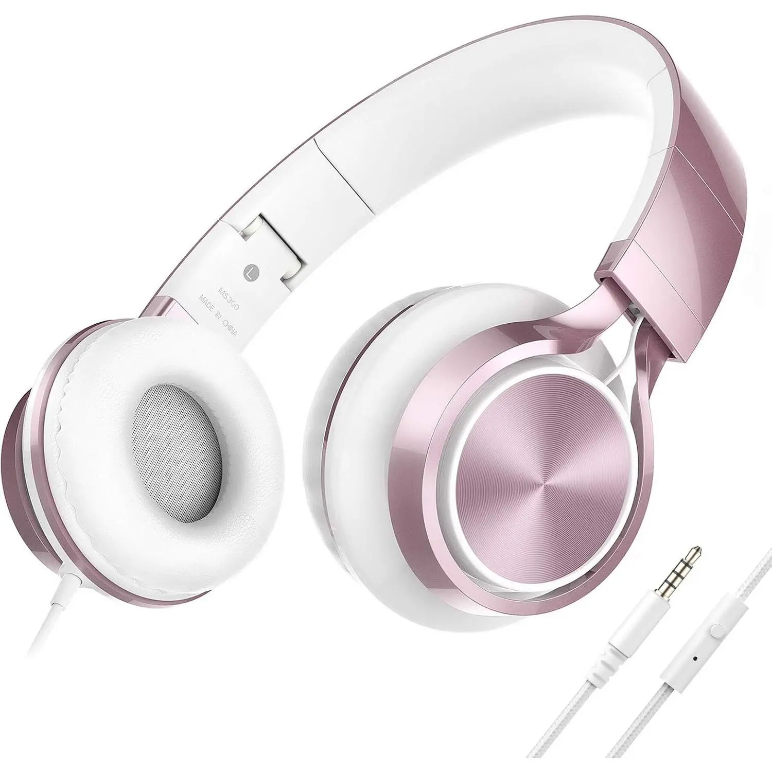 Wired Headphones with Mic, Girls Headphones for School, -Ear Headsets for Chromebook Laptop , Foldable Adjustable Teen , Plug in Corded Headsets with 3.5mm Jack (Rose )