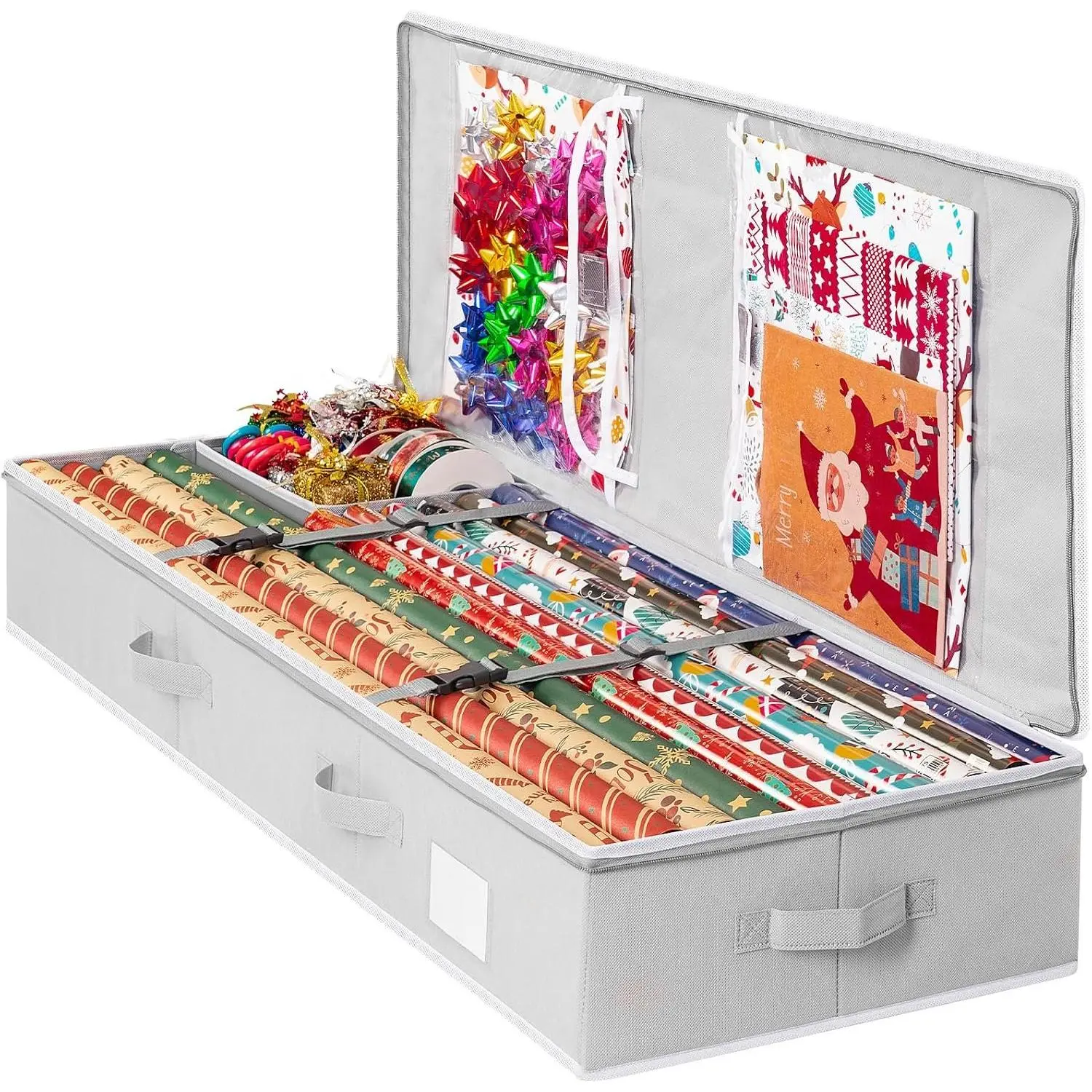 Wrapping Paper Organizer Storage, Durable Underbed Storage Container Fits 24 Rolls, with Removable Dividers and Pockets for Ribbon, Ornaments, Holiday Accessories, Grey