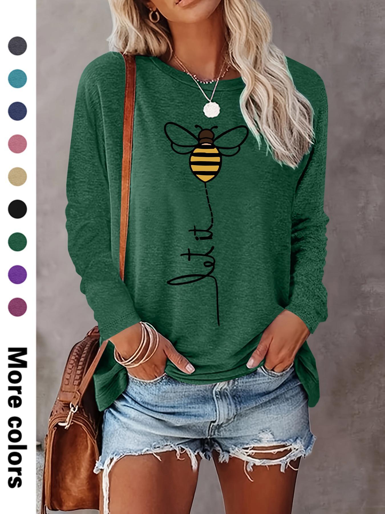 Women's Cartoon Bee Print Round Neck Fitted Tee, Casual Chic Long Sleeve Crew Neck T-shirt for Fall & Winter, Women's Top for Daily Wear, Womenswear