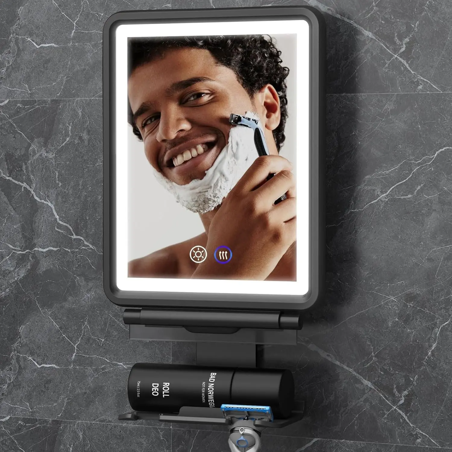 Heated Shower Mirror Fogless for Shaving, 3 Colors Stepless Dimmable Lights, Rechargeable Anti Fog Shaving Mirror with Razor Holder, Light Memory Function