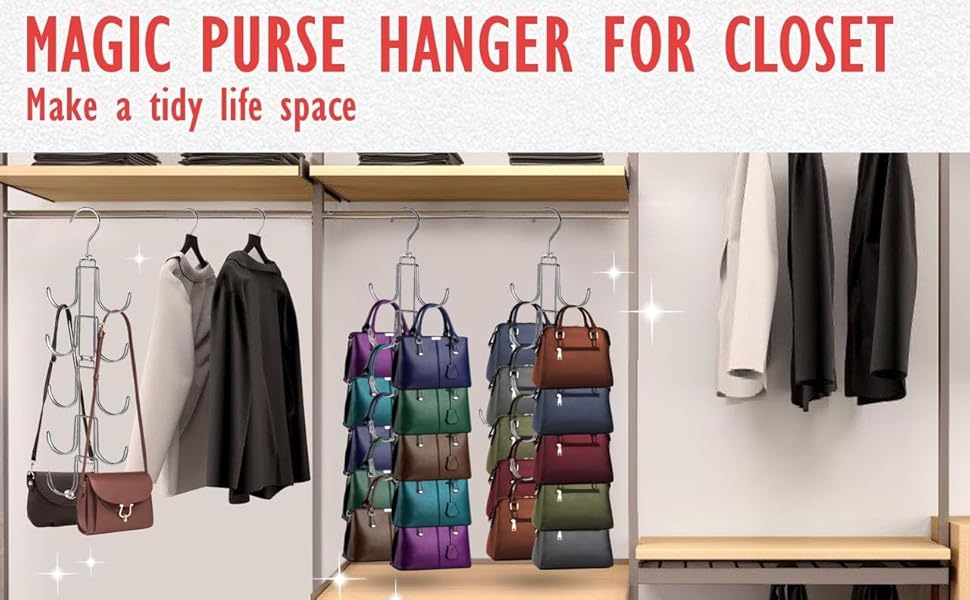 Handbags Purse Organizer for Closet: Bag Rack Hanger with 10 Big Hooks - 360° Rotation Purse Hanger for Display - Collapsible Space Saving for Handbag Belt Scarve Tie - 1 Pack Silver